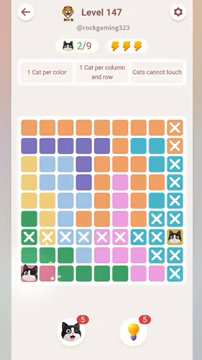 Meowdoku Level 147 step 2 screenshot showing the cat placement at A9 with 2 of 9 cats visible on the board.