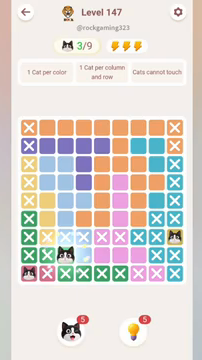 Meowdoku Level 147 step 3 screenshot showing the cat placement at C8 with 3 of 9 cats visible on the board.