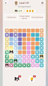Meowdoku Level 147 step 4 screenshot showing the cat placement at B6 with 4 of 9 cats visible on the board.
