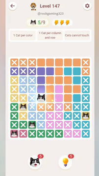 Meowdoku Level 147 step 5 screenshot showing the cat placement at D5 with 5 of 9 cats visible on the board.