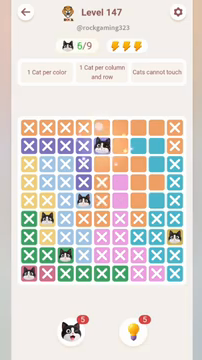 Meowdoku Level 147 step 6 screenshot showing the cat placement at E2 with 6 of 9 cats visible on the board.