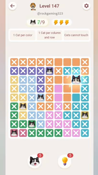 Meowdoku Level 147 step 7 screenshot showing the cat placement at H3 with 7 of 9 cats visible on the board.
