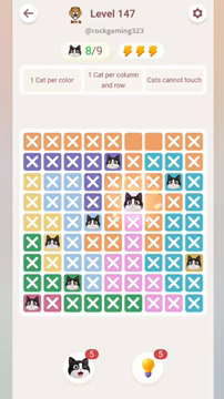 Meowdoku Level 147 step 8 screenshot showing the cat placement at F4 with 8 of 9 cats visible on the board.