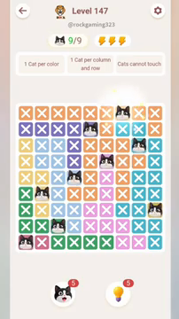 Meowdoku Level 147 step 9 screenshot showing the cat placement at G1 with 9 of 9 cats visible on the board.