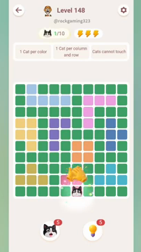 Meowdoku Level 148 step 1 screenshot showing the cat placement at F10 with 1 of 10 cats visible on the board.