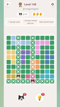 Meowdoku Level 148 step 2 screenshot showing the cat placement at C9 with 2 of 10 cats visible on the board.
