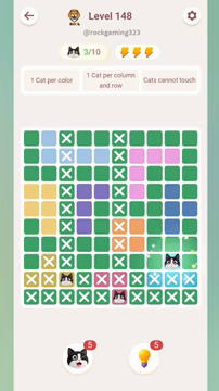 Meowdoku Level 148 step 3 screenshot showing the cat placement at I8 with 3 of 10 cats visible on the board.