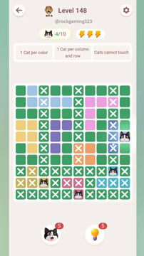 Meowdoku Level 148 step 4 screenshot showing the cat placement at J5 with 4 of 10 cats visible on the board.