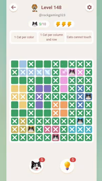 Meowdoku Level 148 step 5 screenshot showing the cat placement at H2 with 5 of 10 cats visible on the board.