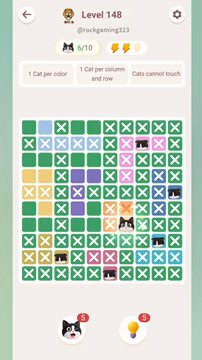 Meowdoku Level 148 step 6 screenshot showing the cat placement at G7 with 6 of 10 cats visible on the board.