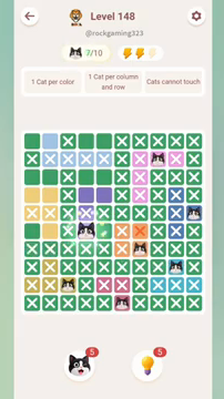 Meowdoku Level 148 step 7 screenshot showing the cat placement at D6 with 7 of 10 cats visible on the board.