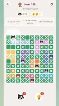 Meowdoku Level 148 step 8 screenshot showing the cat placement at B1 with 8 of 10 cats visible on the board.