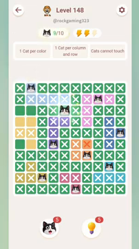 Meowdoku Level 148 step 9 screenshot showing the cat placement at E3 with 9 of 10 cats visible on the board.