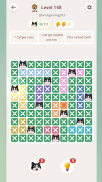 Meowdoku Level 148 step 10 screenshot showing the cat placement at A4 with 10 of 10 cats visible on the board.