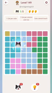 Meowdoku Level 149 step 1 screenshot showing the cat placement at C3 with 1 of 8 cats visible on the board.