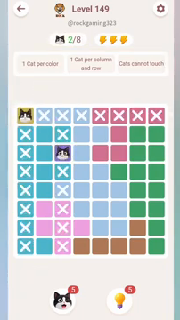 Meowdoku Level 149 step 2 screenshot showing the cat placement at A1 with 2 of 8 cats visible on the board.