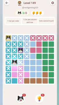 Meowdoku Level 149 step 3 screenshot showing the cat placement at B5 with 3 of 8 cats visible on the board.