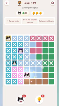 Meowdoku Level 149 step 4 screenshot showing the cat placement at D7 with 4 of 8 cats visible on the board.
