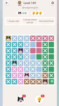 Meowdoku Level 149 step 5 screenshot showing the cat placement at G8 with 5 of 8 cats visible on the board.