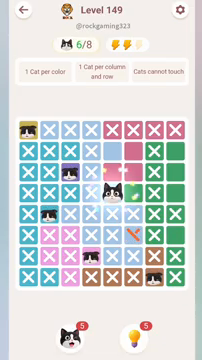 Meowdoku Level 149 step 6 screenshot showing the cat placement at E4 with 6 of 8 cats visible on the board.