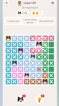Meowdoku Level 149 step 7 screenshot showing the cat placement at F2 with 7 of 8 cats visible on the board.
