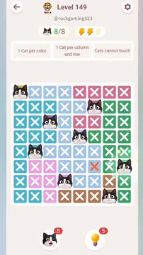 Meowdoku Level 149 step 8 screenshot showing the cat placement at H6 with 8 of 8 cats visible on the board.