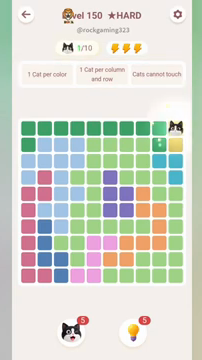 Meowdoku Level 150 step 1 screenshot showing the cat placement at J1 with 1 of 10 cats visible on the board.