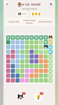 Meowdoku Level 150 step 2 screenshot showing the cat placement at I3 with 2 of 10 cats visible on the board.