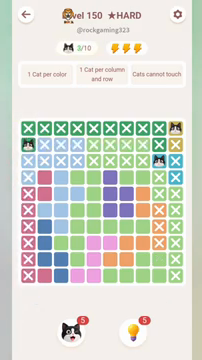 Meowdoku Level 150 step 3 screenshot showing the cat placement at A2 with 3 of 10 cats visible on the board.