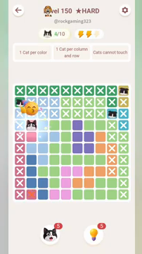 Meowdoku Level 150 step 4 screenshot showing the cat placement at B4 with 4 of 10 cats visible on the board.