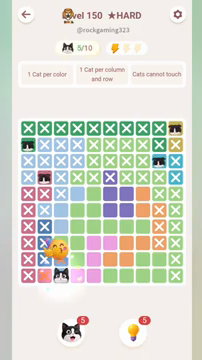 Meowdoku Level 150 step 5 screenshot showing the cat placement at C10 with 5 of 10 cats visible on the board.
