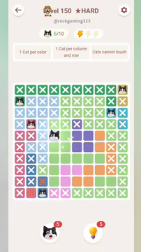 Meowdoku Level 150 step 6 screenshot showing the cat placement at D5 with 6 of 10 cats visible on the board.