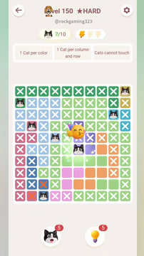 Meowdoku Level 150 step 7 screenshot showing the cat placement at F6 with 7 of 10 cats visible on the board.
