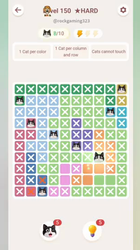 Meowdoku Level 150 step 8 screenshot showing the cat placement at H7 with 8 of 10 cats visible on the board.
