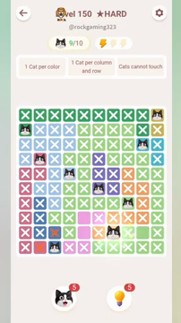 Meowdoku Level 150 step 9 screenshot showing the cat placement at G9 with 9 of 10 cats visible on the board.