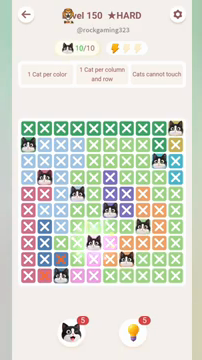 Meowdoku Level 150 step 10 screenshot showing the cat placement at E8 with 10 of 10 cats visible on the board.