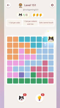 Meowdoku Level 151 step 1 screenshot showing the cat placement at H1 with 1 of 8 cats visible on the board.