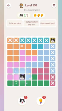Meowdoku Level 151 step 2 screenshot showing the cat placement at C7 with 2 of 8 cats visible on the board.