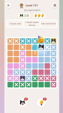 Meowdoku Level 151 step 3 screenshot showing the cat placement at F2 with 3 of 8 cats visible on the board.