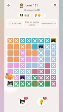 Meowdoku Level 151 step 4 screenshot showing the cat placement at A8 with 4 of 8 cats visible on the board.