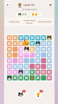 Meowdoku Level 151 step 5 screenshot showing the cat placement at D3 with 5 of 8 cats visible on the board.