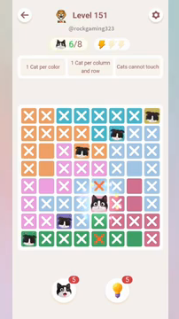 Meowdoku Level 151 step 6 screenshot showing the cat placement at E6 with 6 of 8 cats visible on the board.