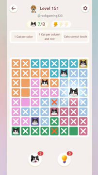 Meowdoku Level 151 step 7 screenshot showing the cat placement at G4 with 7 of 8 cats visible on the board.