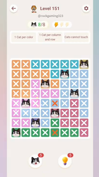 Meowdoku Level 151 step 8 screenshot showing the cat placement at B5 with 8 of 8 cats visible on the board.