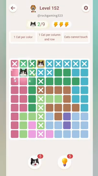 Meowdoku Level 152 step 2 screenshot showing the cat placement at B2 with 2 of 9 cats visible on the board.