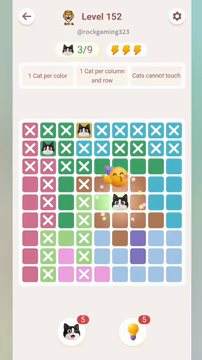 Meowdoku Level 152 step 3 screenshot showing the cat placement at F5 with 3 of 9 cats visible on the board.