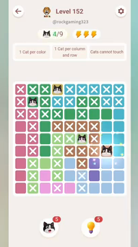 Meowdoku Level 152 step 4 screenshot showing the cat placement at H6 with 4 of 9 cats visible on the board.