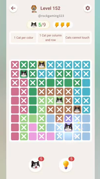 Meowdoku Level 152 step 5 screenshot showing the cat placement at G8 with 5 of 9 cats visible on the board.
