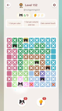 Meowdoku Level 152 step 6 screenshot showing the cat placement at C9 with 6 of 9 cats visible on the board.