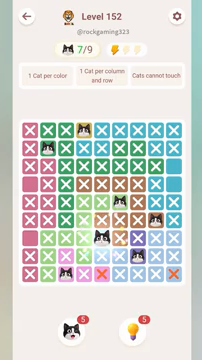 Meowdoku Level 152 step 7 screenshot showing the cat placement at E7 with 7 of 9 cats visible on the board.